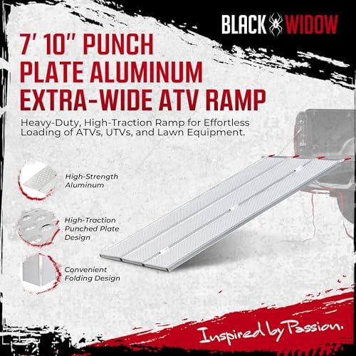 Black Widow 6ft 5in Aluminum Folding ATV Loading Ramp, 1500 lb Capacity | Load four-wheelers into trailer, folds into thirds for storage, safety straps included