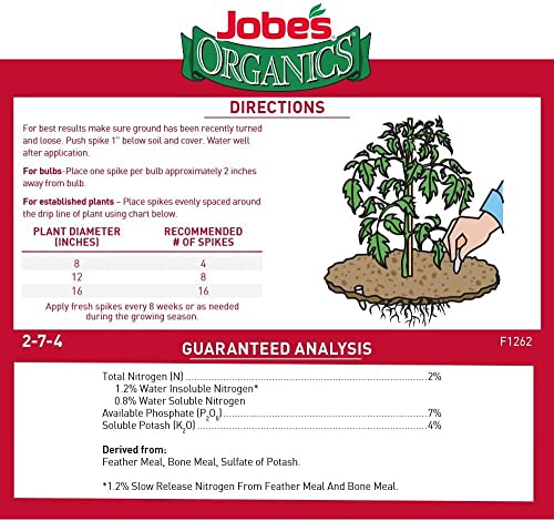 Jobe’s Organics Vegetable & Tomato Fertilizer Spikes, 2-7-4 Time Release Fertilizer for All Vegetables, Herbs and Tomato Plants