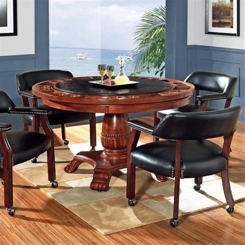 Steve Silver Tournament 51" x 51" Traditional Round Faux Leather & Wood Poker Game Table with Casters, Chairs, Pedestal Base, Removable Top