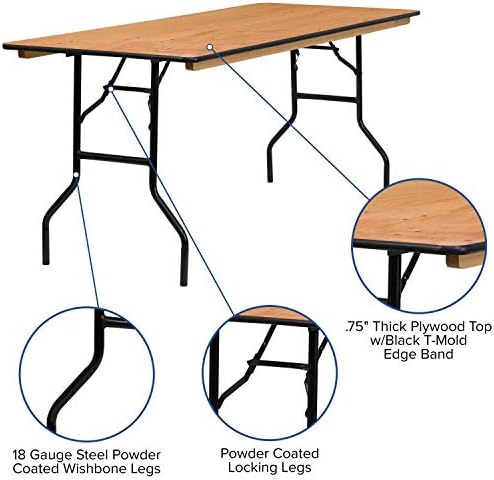 Flash Furniture 6 ft Folding Clear Coat Rectangular Banquet Table, Clear | Wood, Durable Construction, Commercial Use