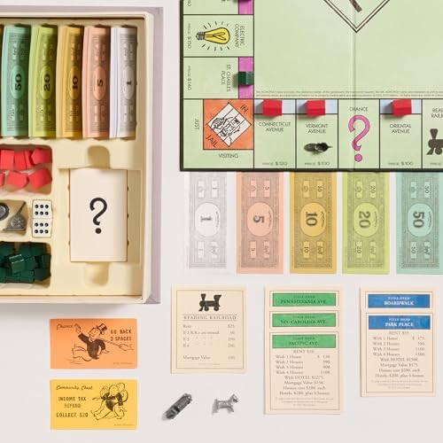 WS Game Company Monopoly Vintage Bookshelf Edition Board Game Premium Fabric-Wrapped Book Storage Box with Retro Graphics, Wooden Houses