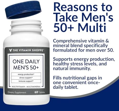 The Vitamin Shoppe Brand One Daily Men's 50+ Multivitamin, 60 Tablets | Includes Magnesium, Zinc, Calcium and More, Energy Stress & Immune Support
