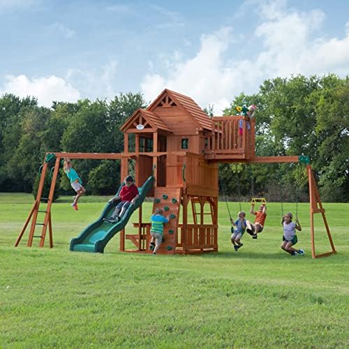 Backyard Discovery Skyfort II Cedar Wood Swing Set with Wave Slide, Raised Clubhouse, Crow's Nest, Monkey Bars, Balcony, Belt Swings, Trapeze