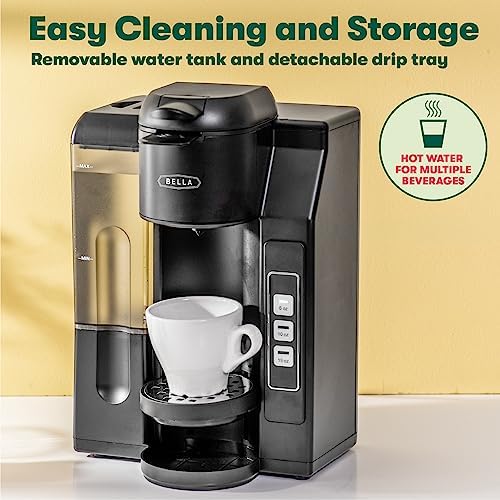 BELLA Single Serve Coffee Maker, Dual Brew, K-cup Compatible - Ground Coffee Brewer with Removable Water Tank & Adjustable Drip Tray