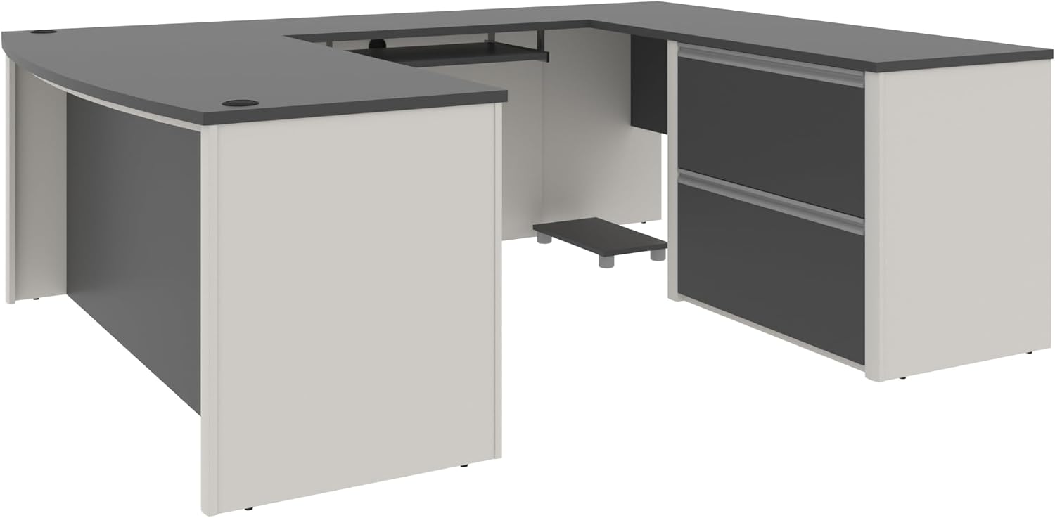 Bestar U-Shaped Executive Desk with Cabinet, Antigua/Black, Connexion, 72W