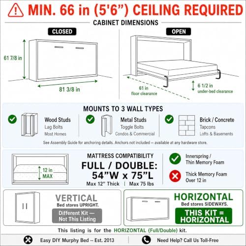 Queen Size Murphy Bed Hardware Kit — Vertical Wall Bed Frame | DIY Murphy Bed Kit with Gas Pistons + 3 Step-by-Step Guides | Made in North America | Hideaway Bed Mechanism