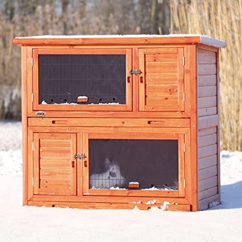 Trixie 2-Story Rabbit Hutch with Retreat Area, Non-Slip Ramp, Hinged Roof with Locking Arm, 4 Doors, 2 Metal Slide Latches, and Pull-Out Trays for Easy Cleaning