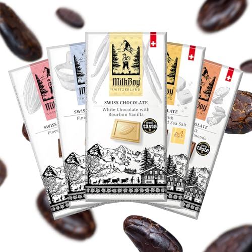 MilkBoy Swiss Chocolates Chocolate Bar Variety Flavors - 3 oz, 5 Pack | Includes milk, dark, white bourbon vanilla, caramel sea salt & almond flavors. Rainforest Alliance certified cocoa. Kosher.