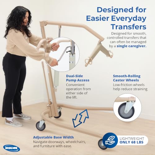 Invacare Hydraulic Patient Lift, Lightweight Transfer Lift Chair with 450 lb Weight Capacity, Bent Mast for Safer Transfers, 6-Point Padded Swivel Bar