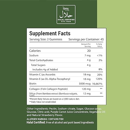 Noor Vitamins Halal Hair Vitamins Biotin, Collagen, Silica, Vitamin C & E Supports Hair, Skin & Nail Health, Natural Strawberry Gummy Vitamins. GMO
