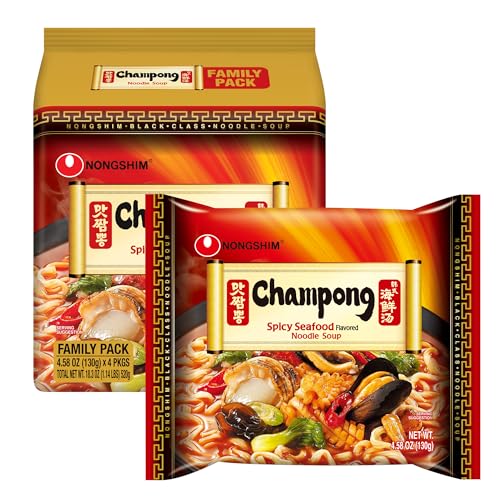 Nongshim Champong Noodle Soup, Smoky Spicy Seafood Korean Ramen, 4 Pack | Spicy seafood instant ramen with cuttlefish, mussel, scallop
