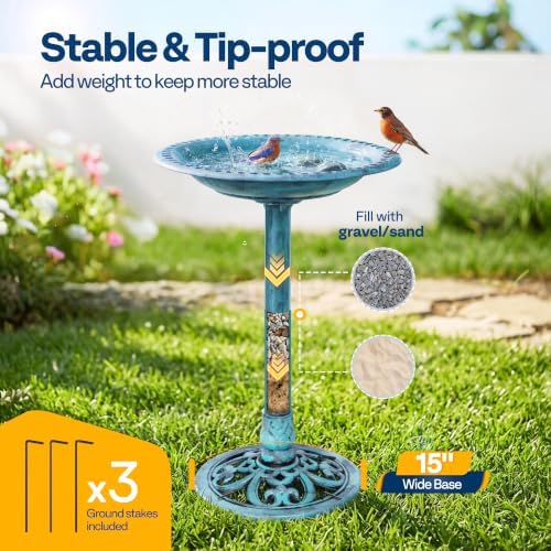 VIVOHOME Bird Bath for Outside, Polyresin Pedestal Birdbath, Green | Weather-Resistant, 20-Inch Bowl, 28-Inch Height, for Outdoor/Garden, Bird-Friendly, Easy to Clean