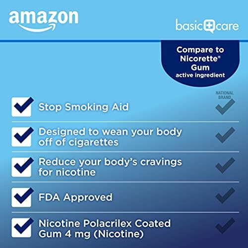 Amazon Basic Care Nicotine Polacrilex Coated Gum 4 mg (nicotine), Cinnamon Flavor, Stop Smoking Aid, Quit Smoking, Reduces Nicotine Cravings, 160 Count