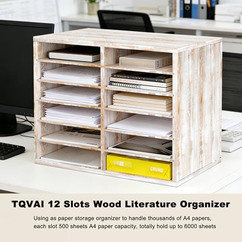 TQVAI Wood Literature Organizer, 27 Slots Hold 13500 Sheets A4 Papers, Wooden Desk File Paper Storage Organizer with Adjustable Shelves