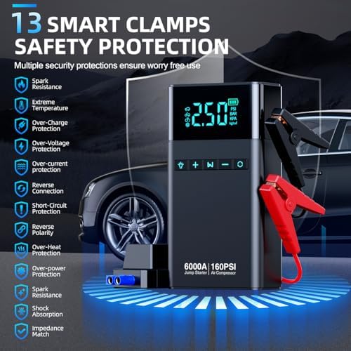 10-in-1 Portable Car Battery Jump Starter with Air Compressor, 6000A 160PSI Portable Car Jumper Starter (All Gas 12L Diesel)