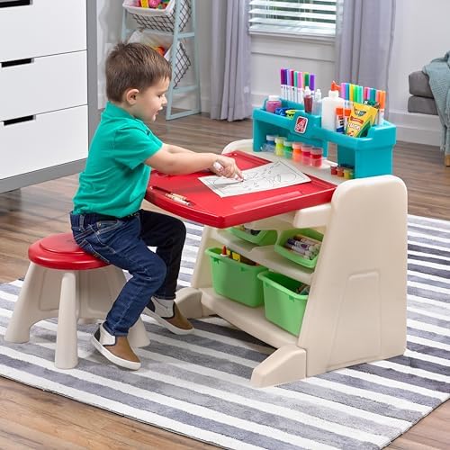 Step2 Flip & Doodle Easel Desk With Stool, Kids 2 in 1 Activity Table, Art Board, Made of Durable Plastic, For Toddlers 2+ Years Old