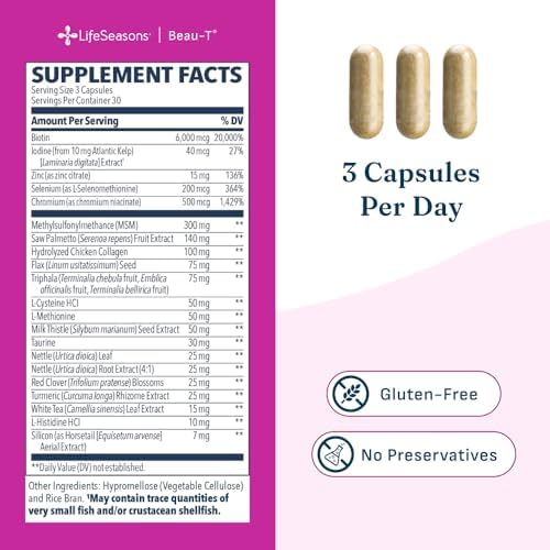 LifeSeasons Beau-T - Hair, Nail & Skincare Supplement - Promotes Healthy Hair and Nail Growth - Support Clear Skin & Fights Acne - Nail Strengthener - Contains Biotin Collagen Turmeric - 90 Capsules
