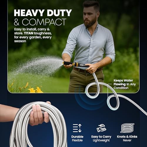 TITAN Garden Hose 100FT - 304 Stainless Steel Metal Water Hose, Flexible, Kink-Free, Lightweight, Durable, Crush Resistant Fittings, Easy to Coil, 500 PSI