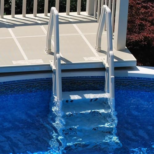 Deluxe Adjustable 24 Inch Wide in Pool Step Ladder Entry System for Above Ground Swimming Pools with Non Slip Steps, Taupe