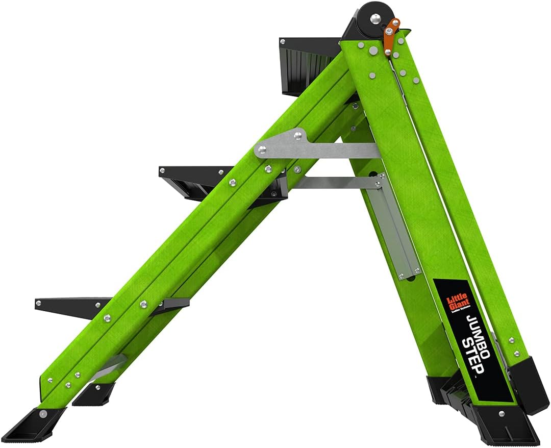 Little Giant Jumbo Step 3-Step Foldable 2.2 ft Aluminum Stool, 11903 | Foldable Aluminum Step Stool, Extra-Wide Stair-Like Treads, Rotating Handrail, Tool Tray, 375 lbs. Weight Capacity