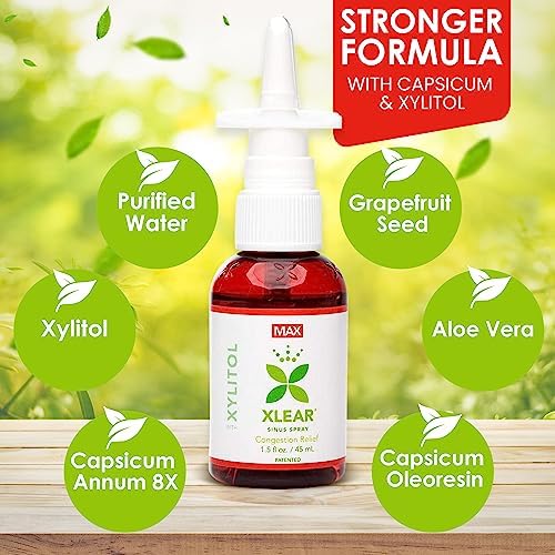 Xlear Max Natural Nasal Spray with Xylitol, 1.5 fl oz (Pack of 4) | Strong Formula with Capsicum and Aloe Vera for Servere Sinus Pressure Relief, Nasal Decongestant, Headache, Dry Nose