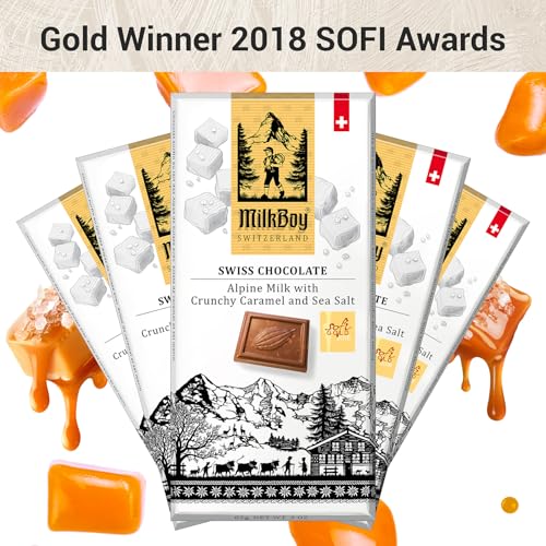 MilkBoy Swiss Chocolates Milk Chocolate Bars, Caramel Salt - 3 oz, 5 Pack | Premium gourmet treat with crunchy caramel and sea salt. Gluten free. Non-GMO. Kosher. Crafted in Switzerland.
