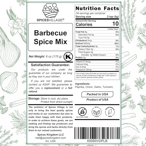 Spices Village BBQ Seaosning, Barbecue Spice Mix, Gluten Free All Purpose Seasoning, 6 oz, Barbecue Seasonings, Mix of Paprika, Onion, Garlic, Tomato