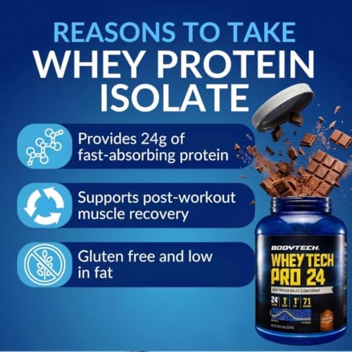 BodyTech Whey Protein Isolate Powder, Rich Chocolate, 5 LB, 71 Servings | 24G per Serving, High Concentrated Protein Powder With Amino Acids & BCAAs for Men and Women, Gluten Free