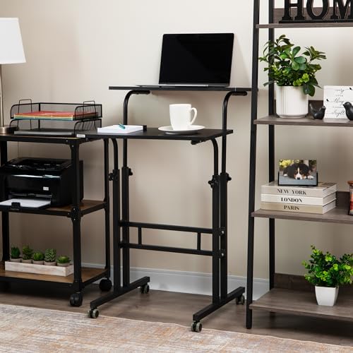 Mind Reader Standing Desk, Adjustable Height Laptop Workstation, Portable Rolling Desk on Wheels, Two-Tier Metal Frame, Black
