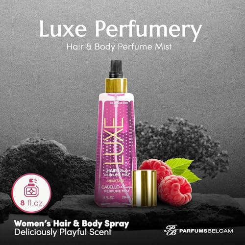 Luxe Perfumery Sugar Bliss Hair & Body Perfume Mist – Sweet Gourmand Fragrance with Raspberry, Chocolate, Vanilla & Musk – Hydrating Coconut Oil & Glycerin, Lightweight Daily Mist for Women, 8 Fl Oz