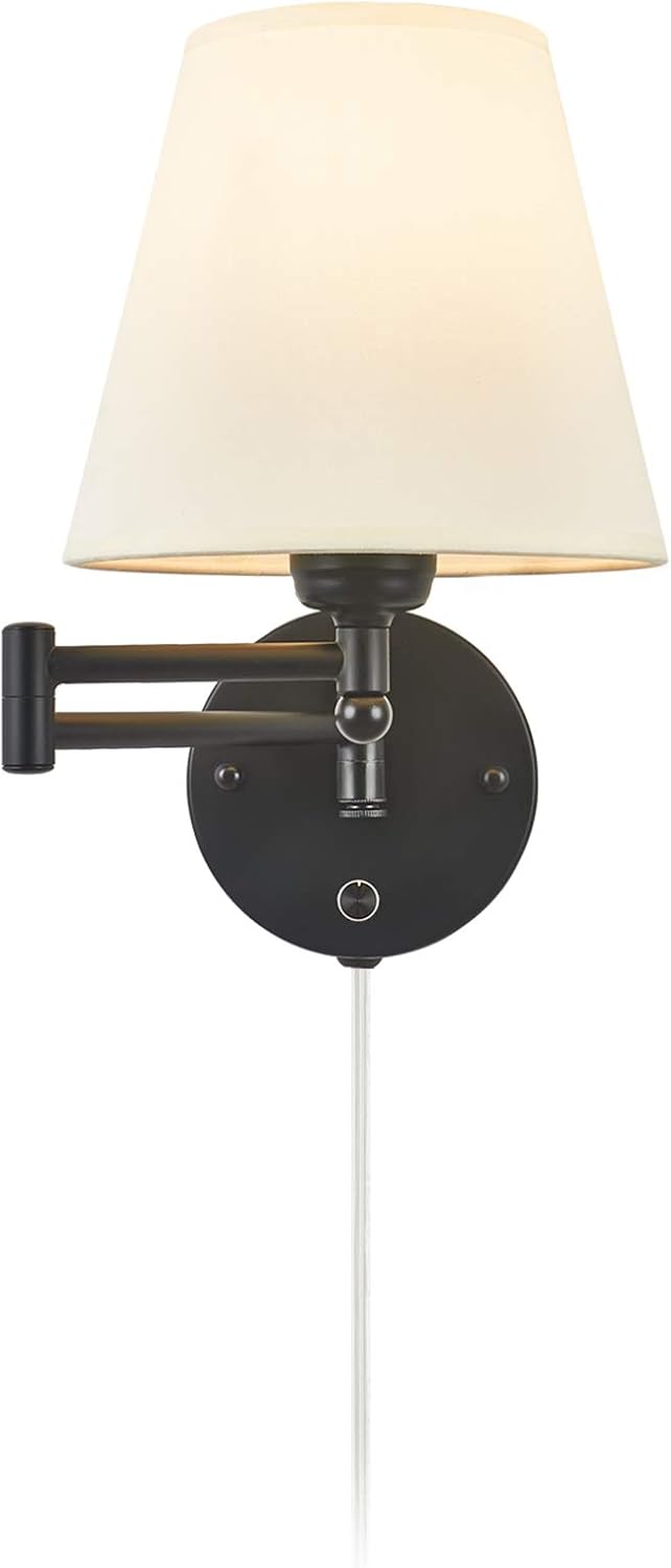 Swing Arm Wall Lamp Plug in Wall Mount Opaque Ivory Linen Shade 40W 2-Way Cord Covers(1 Light)