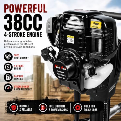 XtremepowerUS 38cc Gas Powered Fence Post Driver, 4-Stroke T-Post Driver, Heavy Duty Gasoline Pile Driver for T-Posts, Ground Rods & Steel Stakes