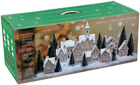 Mark Feldstein & Associates Winter Village LED Tea Light 31 Piece Porcelain Tabletop Christmas Figurine Boxed Set