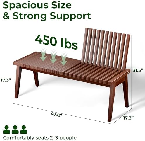 Melino Wooden Bench Outdoor 47" Convertible Acacia Wood Bench, Solid Wood Indoor Patio Benches for Outdoors