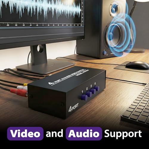 Fosmon 4-Way RCA Splitter AV Switcher 4 in 1 Out Audio Video Selector Box | 4 in 1 out female 4-way RCA composite AV switcher selector switch box with cable for HDTV STB DVD retro game consoles.