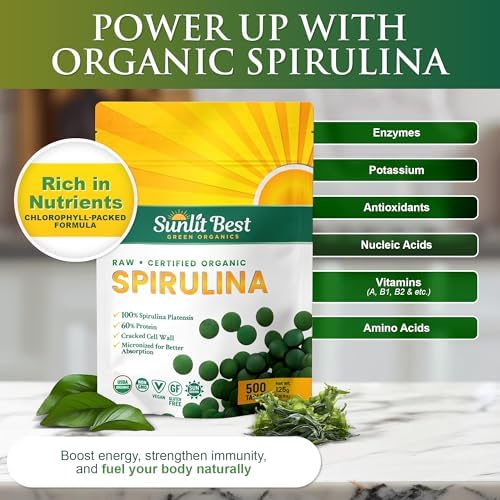 Sunlit Best Organic Spirulina Tablets, Pure Natural Superfood Pills 1000 CT | USDA Certified, 60% Vegan Protein, 18 Amino Acids, Chlorophyll Antioxidants Enzymes, Non GMO, Immune Liver & Energy Support