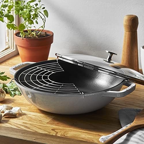 Staub Cast Iron Perfect Pan, Wok, Dutch Oven, 4.5-quart, serves 4-5, Made in France, Dark Blue