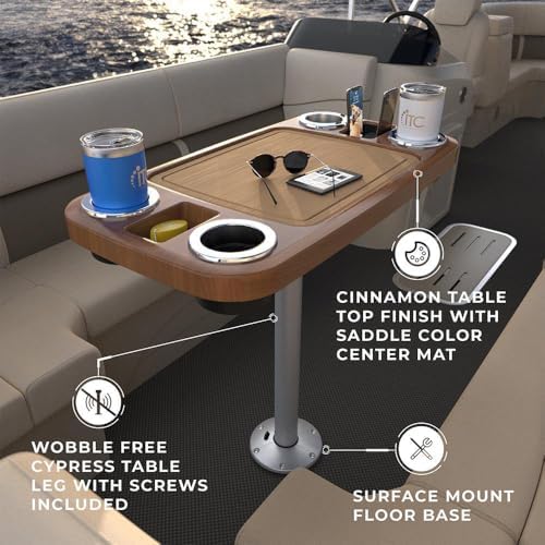 Manufacturers' Select ITC Boat Table Set - 18"x34" Removable Pontoon Boat Table with Center Non-Slip Mat, Pedestal Leg, 4 Drink Holders