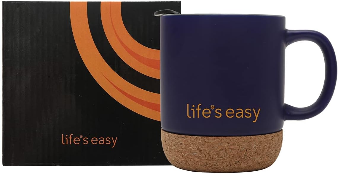 Life's Easy 12 oz Coffee Mug with Insulated Cork Bottom and Push-On Splash-Proof Lid - Black