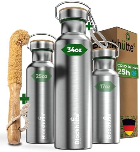Blockhütte Vacuum Insulated Stainless Steel Water Bottle - 17 oz I Wide Mouth Metal Bottle for hot and cold drinks I BPA-Free I perfect for Travel