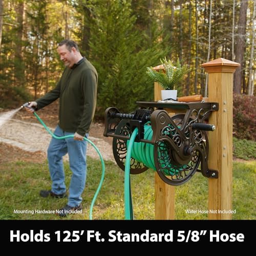 Liberty Garden 708 Steel Decorative Wall Mount Garden Hose Reel, Holds 125-Feet of 5/8-Inch Hose - Bronze