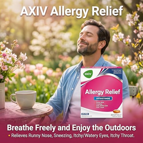 AXIV Allergy Relief Softgels, Antihistamine Medicine & Cold Symptom Relief, Dye-Free Liquid Gels, 25 mg Diphenhydramine HCl, Runny Nose, Sneezing, 24 Count (24 Softgels)