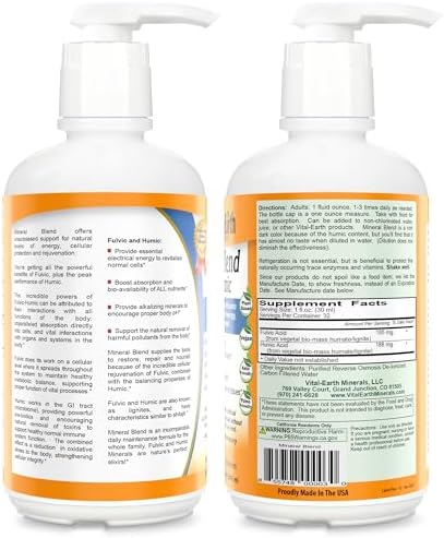 Vital Earth Minerals Fulvic Humic Mineral Blend Liquid 2-Pack – Fulvic Acid Supplement with 70+ Trace Minerals, Electrolytes for Recovery, Balance & Energy, 32 Oz Ea + 1 Oz Cup Ea