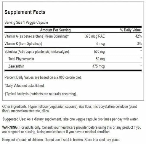 Swanson Std Spirulina Blue-Green Algae 10% Phycocyanin 500 Milligrams 90 Veg Capsules | Standardized for Phycocyanin