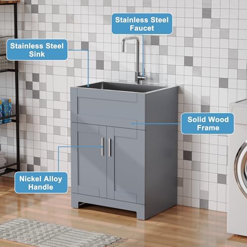 Goodyo Utility Sink with Cabinet 24 Inch Laundry Room Sink Cabinet 304 Stainless Steel Sink Combo White
