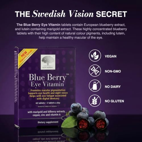 NEW NORDIC Blue Berry Eye Vitamin Supplement Daily Vision Support - 120 Ct. | Daily eye health supplements formulated with lutein and Swedish wild blueberries for simple integration into your routine