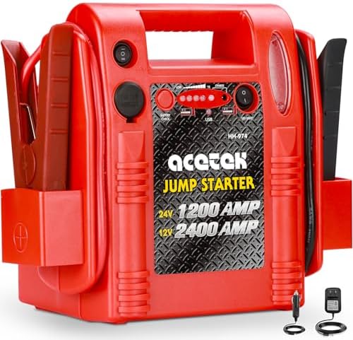 12V/24V Jump Starter, 2400/1200 Peak Amp Battery Jump Starter for Truck Car Tractor Excavator, Heavy Duty Jump Box Battery Pack with USB and DC Output