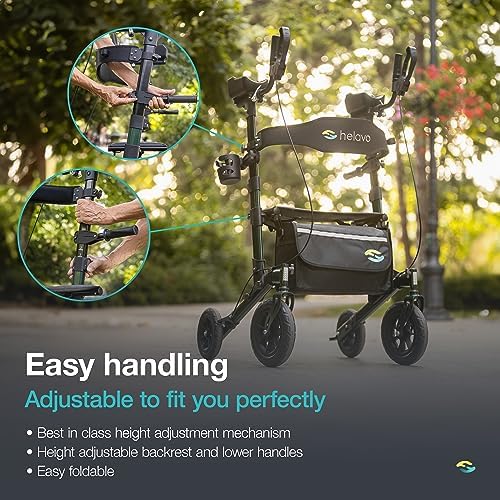 Helavo Upright Walker with Seat, Foldable Stand Up Walker with Rubber Tires | All Terrain Tall Standing Rollator, Padded Armrests, Height Adjustable