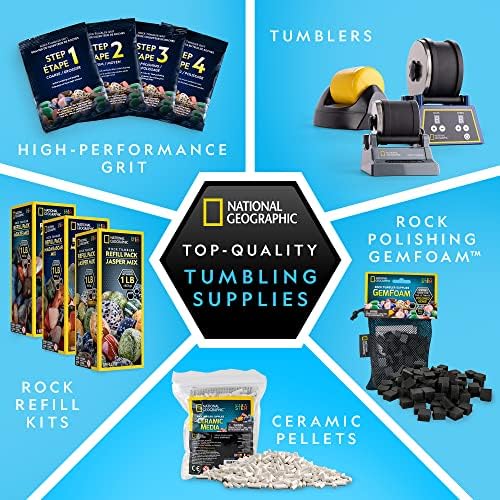 National Geographic Rock Tumbler Refill Kit with 3 Lbs. Rough Gems | 3 Lbs. Rough Gemstones, Amethyst and Quartz, 4-Stage Grit, Jewelry Accessories, Rock Polishing Supplies