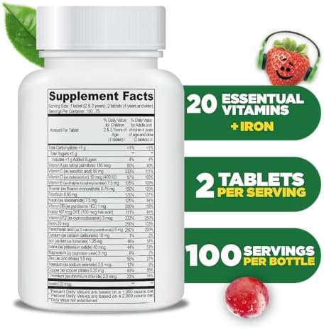 Lifeable Multivitamin & Multimineral with Iron Chewables for Kids – Vegetarian – Gluten Free Vegetarian – Great Tasting - Natural Flavored